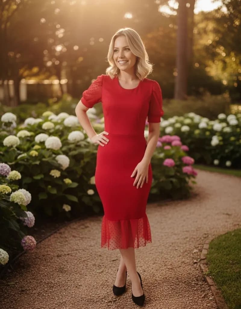 Vestido Midi Evangélico em Laise com Tule Vermelho — Amariti