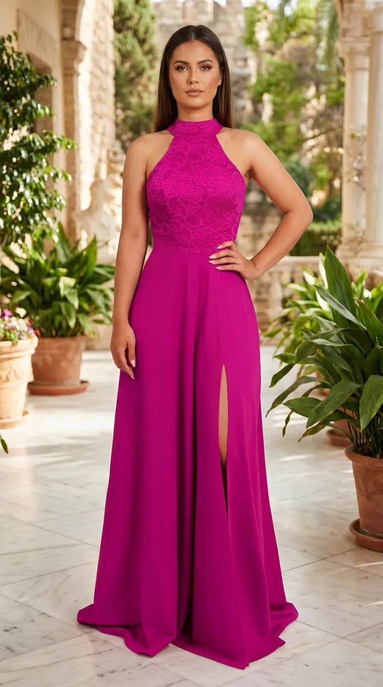 Vestido Longo de Festa com Fenda e Renda — Pink Cereja