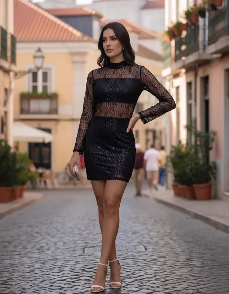 Vestido Curto de Tule Gola Alta Manga Longa Preto — Amariti