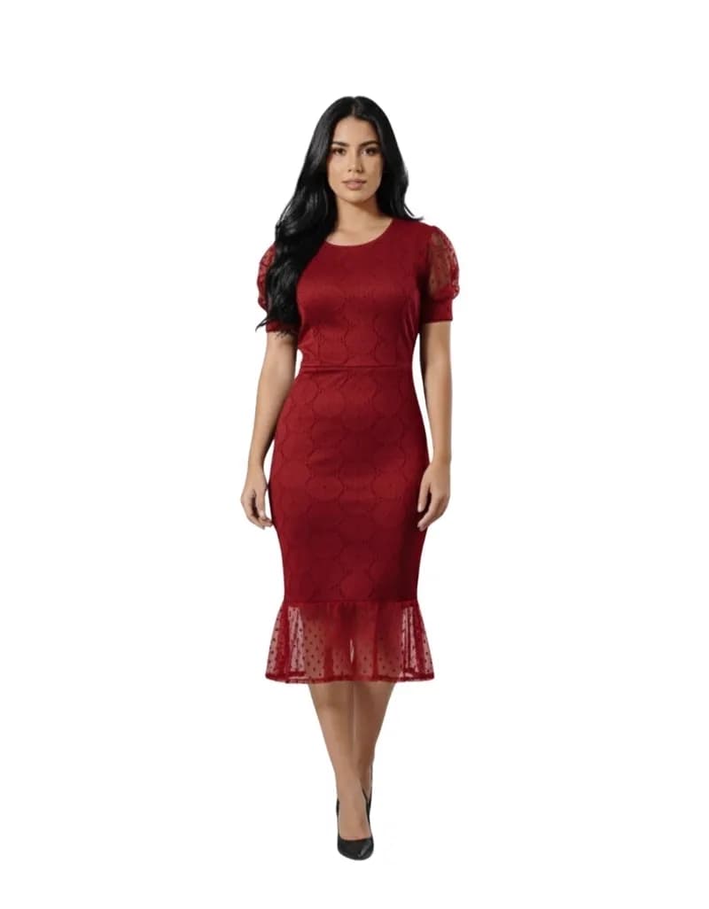 Vestido Midi Evangélico em Laise com Tule Vinho — Amariti