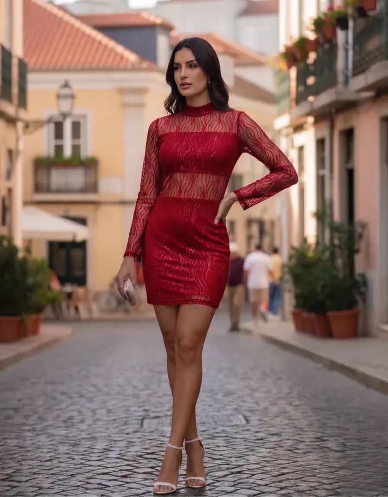 Vestido Curto de Tule Gola Alta Manga Longa Vermelho — Amariti