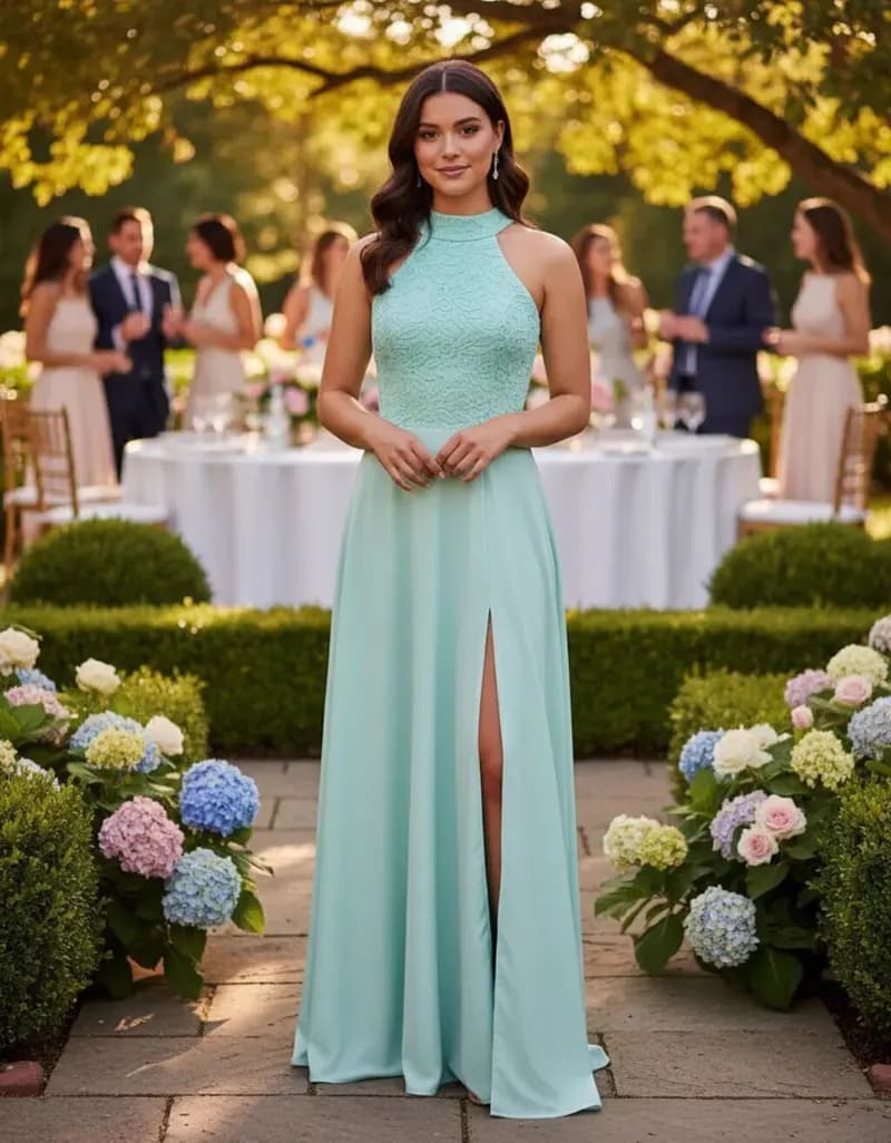 Vestido Longo de Festa com Fenda e Renda Verde Tiffany — Amariti