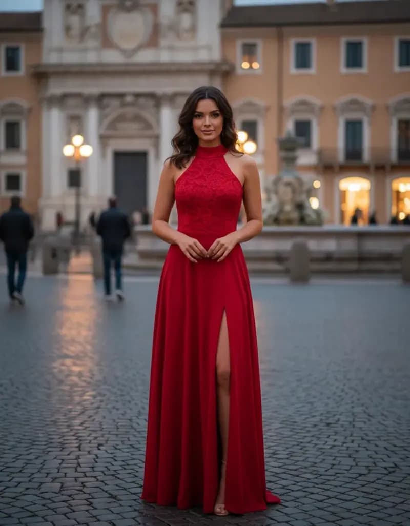 Vestido Longo de Festa com Fenda e Renda Vermelho — Amariti