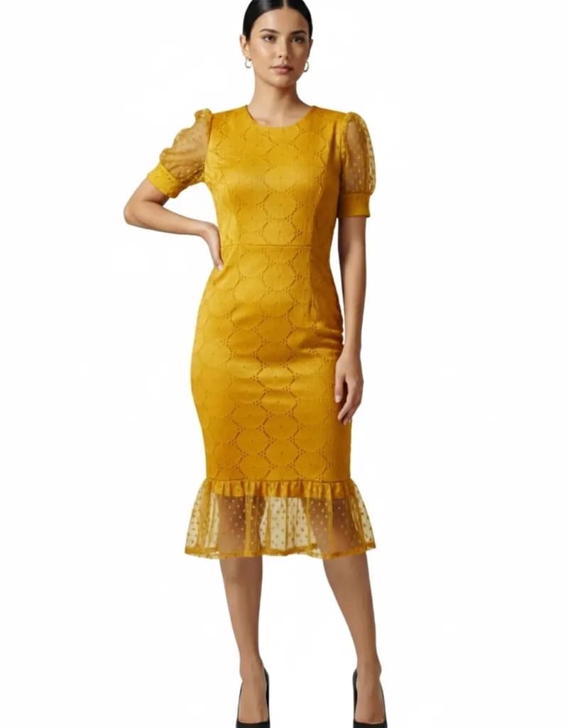 Vestido Midi Evangélico em Laise com Tule Amarelo — Amariti