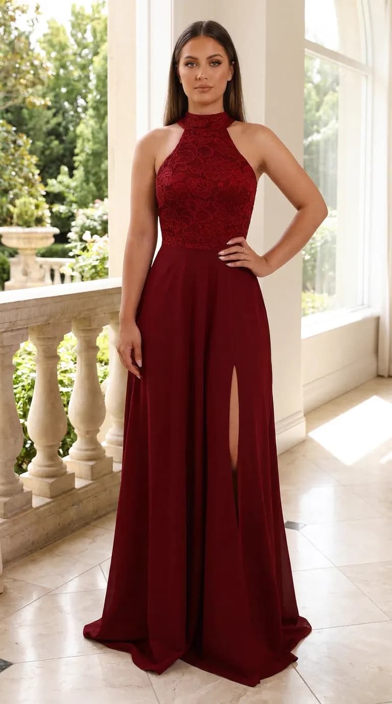 Vestido Longo de Festa com Fenda e Renda — Marsala