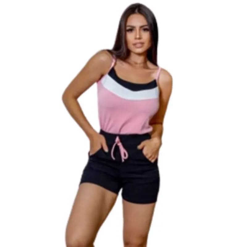 Conjunto Feminino Regata e Short Tricolor Rosa Claro — Amariti
