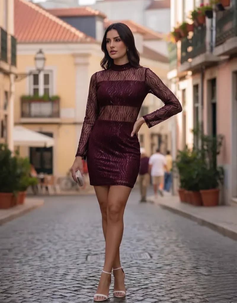 Vestido Curto de Tule Gola Alta Manga Longa Vinho — Amariti
