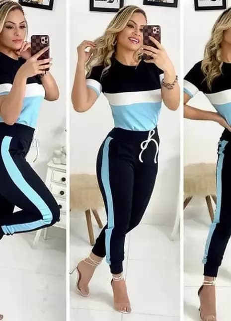 Calça Jogger Feminina em Crepe de Malha — Preto Listra Azul