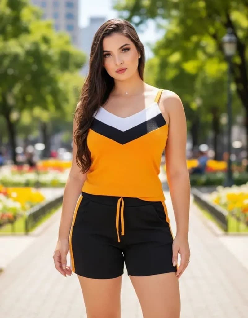 Conjunto Feminino Regata e Short Tricolor Mostarda — Amariti
