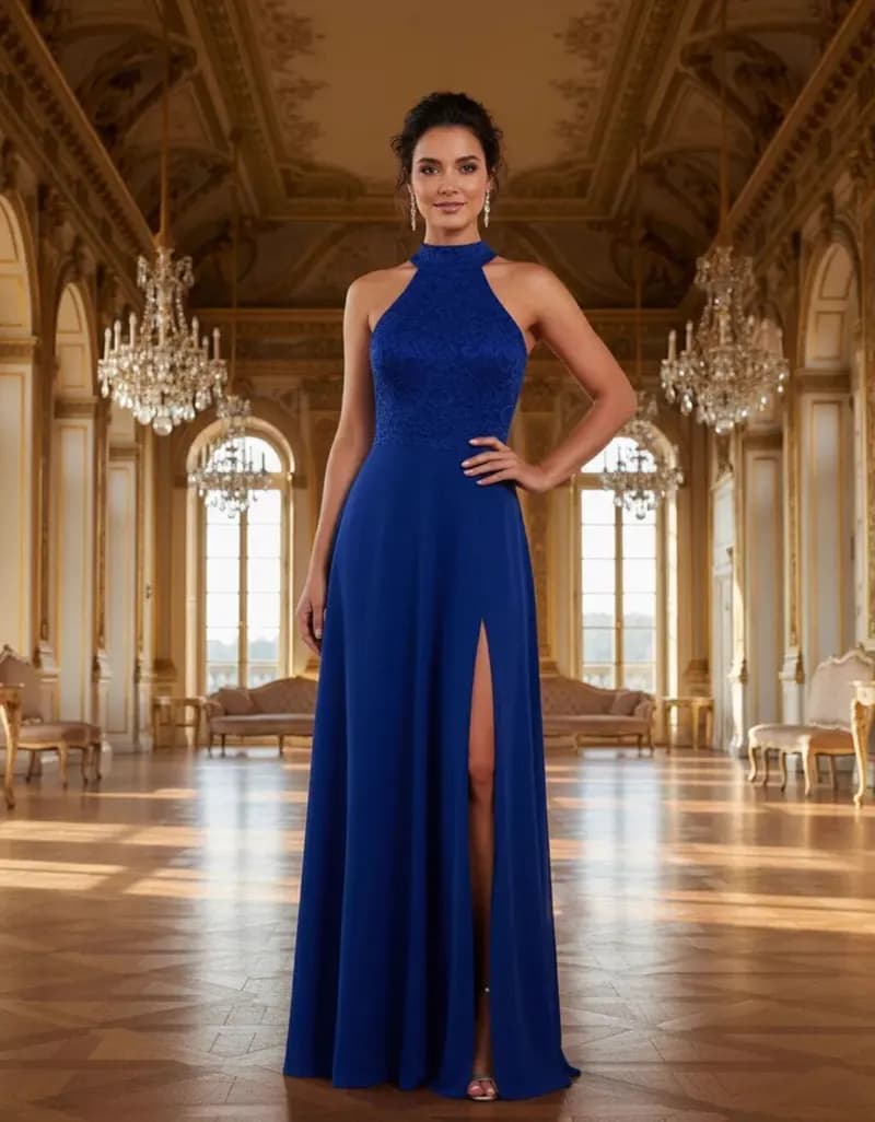 Vestido Longo de Festa com Fenda e Renda Azul Marinho — Amariti