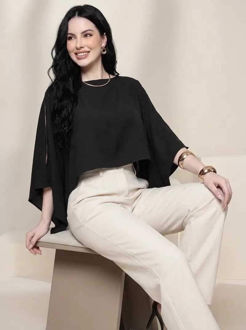 Blusa Bata Mula Manca Assimétrica Feminina Com Top 2 Peças — Preto