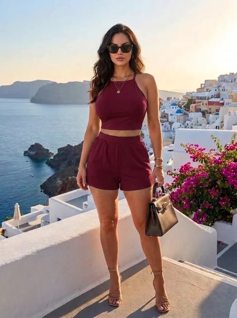 Conjunto Feminino Regata e Short Cintura Alta - Vinho